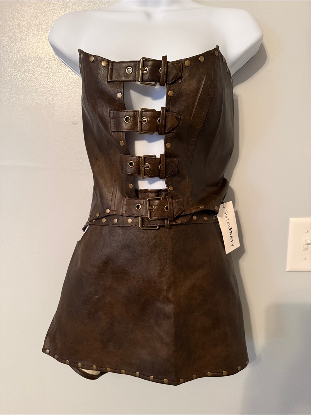 Sister Party Studded Brown Faux Leather Corset Top & Mini Skirt Set